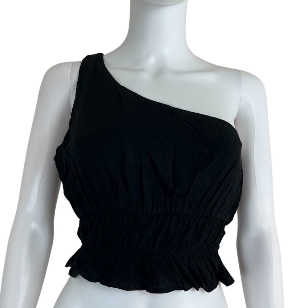 Showpo. Black Catch My Fall Size 2 One Shoulder Ruffle Smocked Boho Crop NEW Top